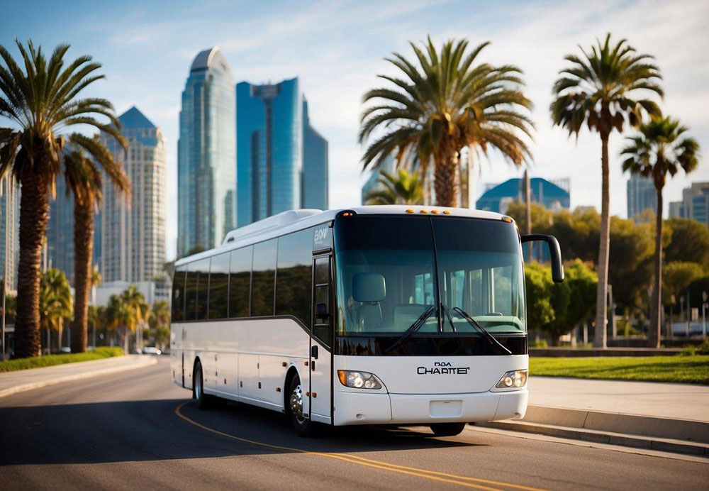 A sleek, modern charter bus parked in front of the San Diego skyline, with palm trees swaying in the background