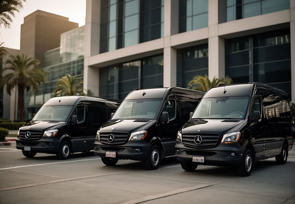 Three luxury Mercedes Sprinter vans parked in front of a modern office building in downtown San Diego. The sleek, black vehicles are adorned with the logos of the top executive transportation companies
