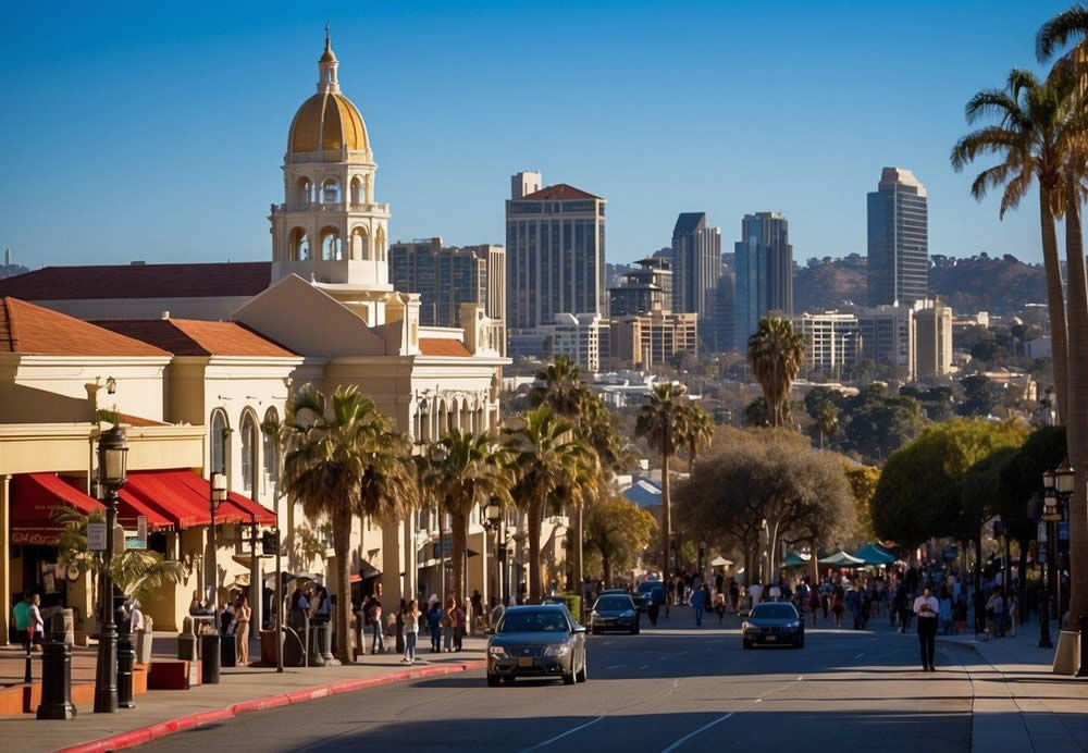 A bustling cityscape with iconic San Diego landmarks, including the Gaslamp Quarter, Balboa Park, and the San Diego Zoo. Bright sunshine and a clear blue sky set the backdrop for the diverse array of events happening throughout the city